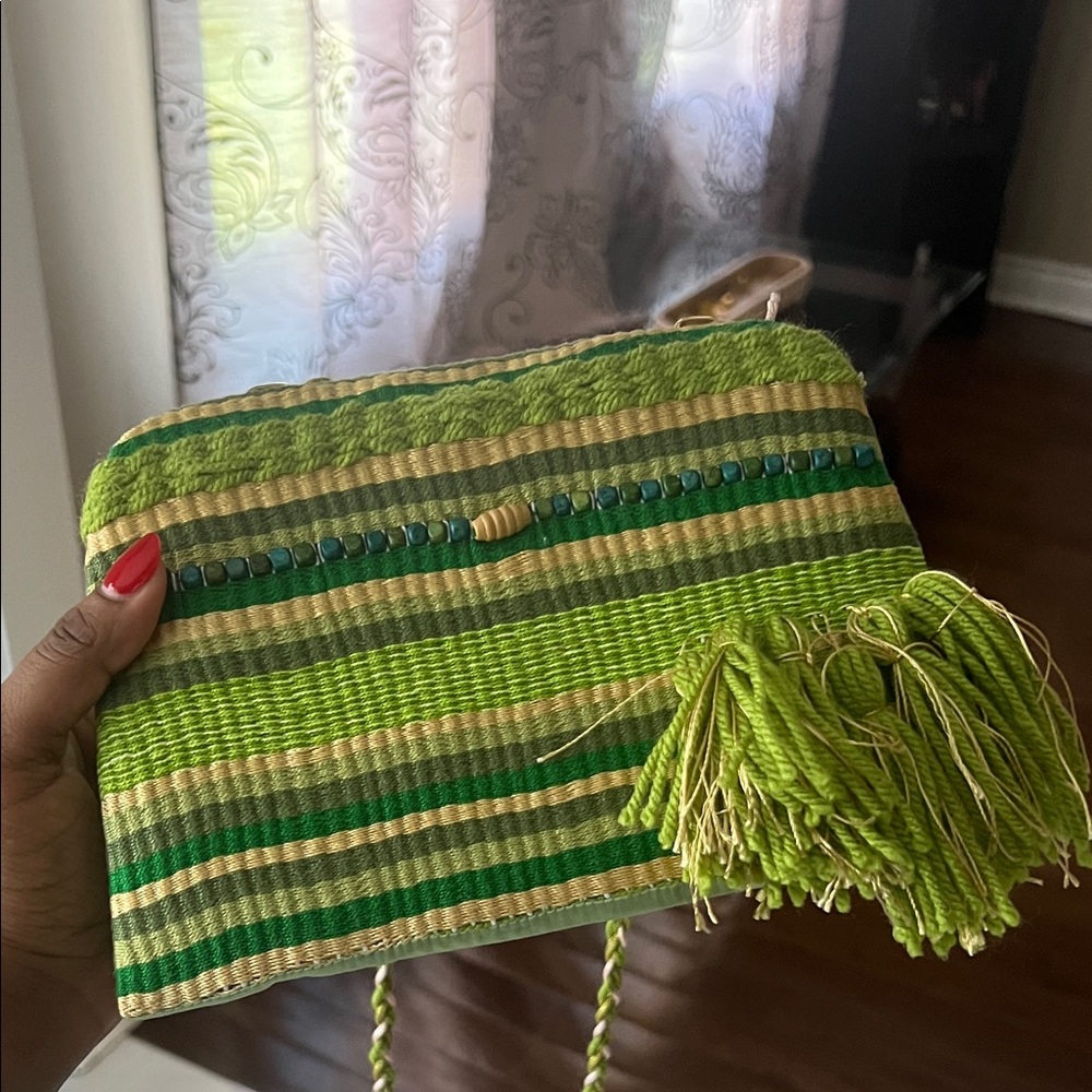 Green Striped Clutch with Tassels